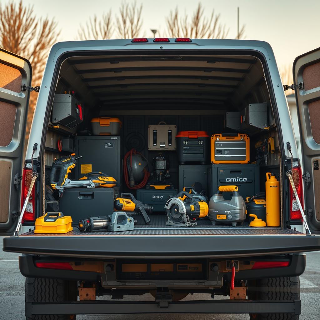 Organized contractor work truck bed loaded with professional power tools and equipment