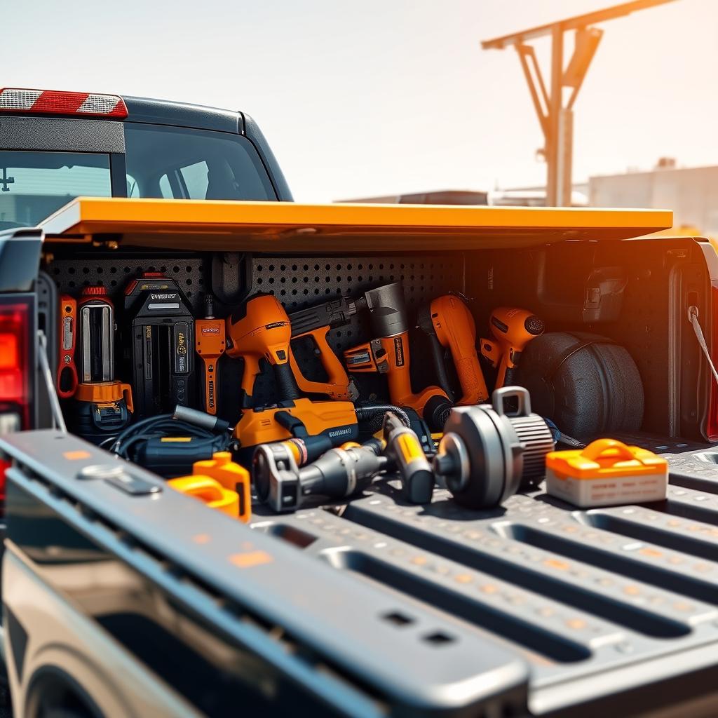 Contractor truck with organized tools — national tools & equipment coverage